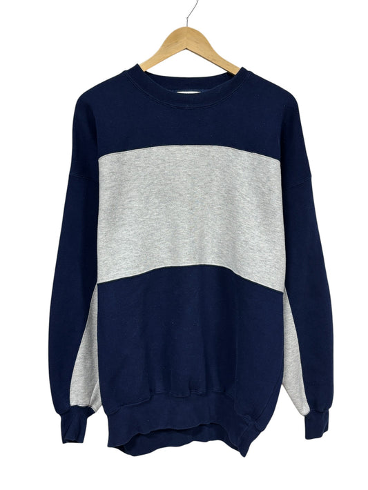 Vintage 90's Navy Blue Grey Color Block Crewneck Sweater Size Large