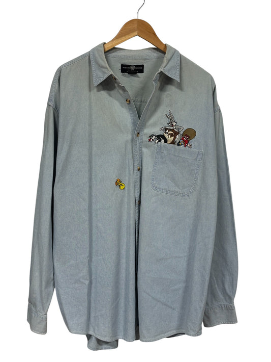 Vintage 1995 Warner Brothers Looney Tunes Denim Button Up Shirt Size XL
