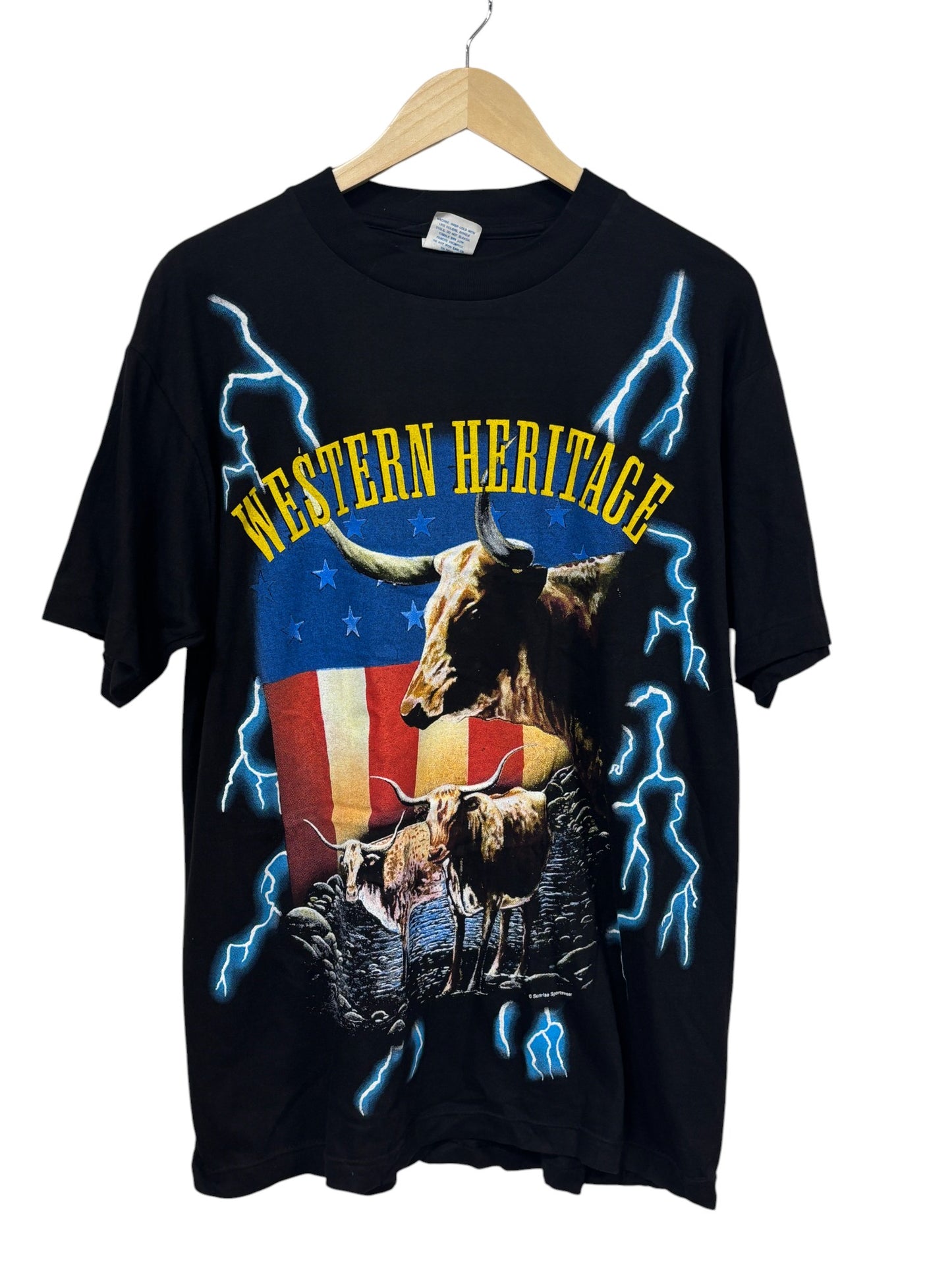 Vintage 90's American Thunder Western Heritage Bull Biker Tee Size Large
