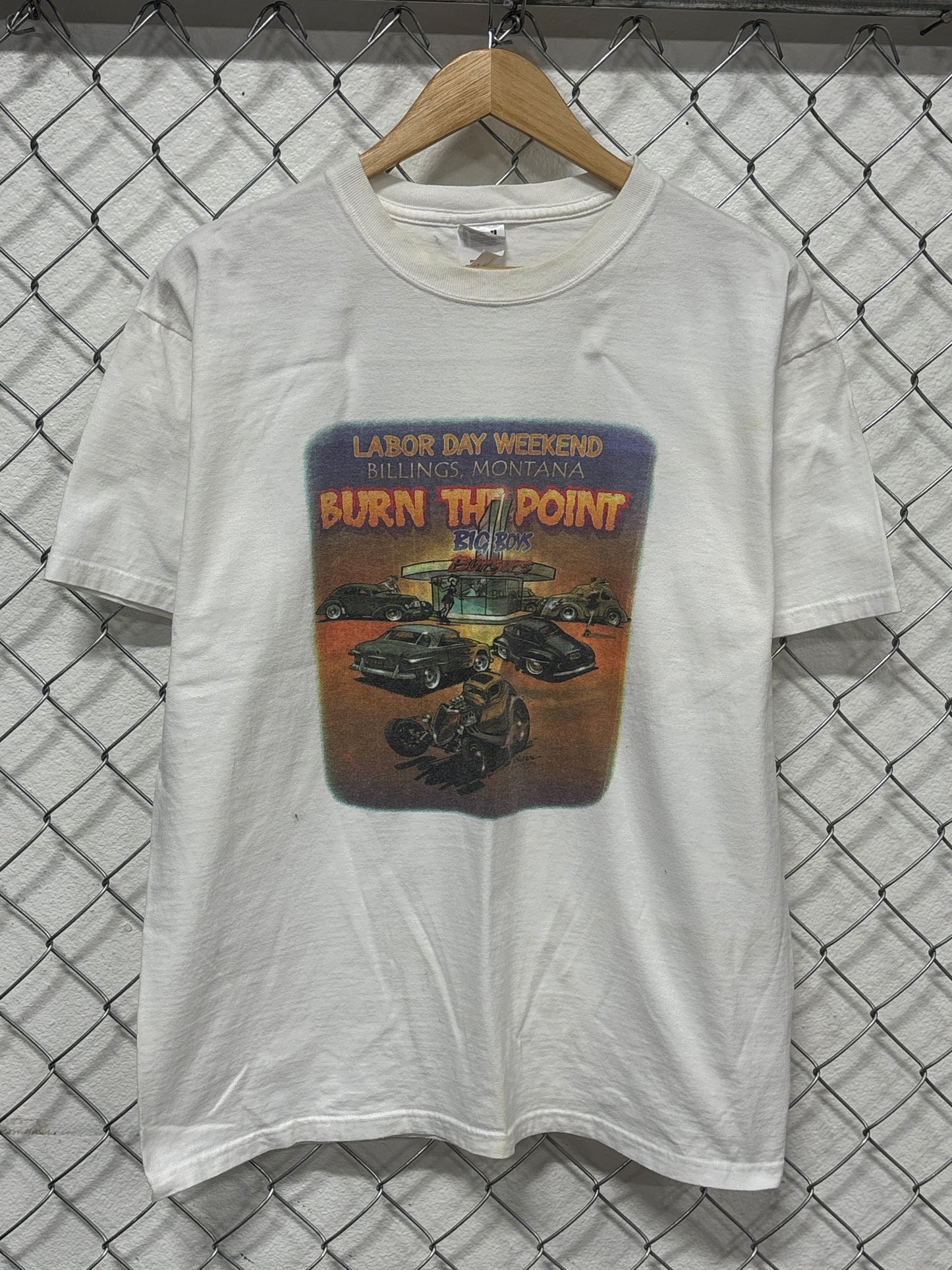Vintage Y2K Billings Montana Burn the Point Hot Rod Tee Size Large
