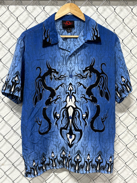 Vintage Y2K Dragon All Over Print Short Sleeve Shirt Size Small