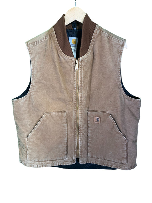 Vintage Carhartt Brown Faded Full Zip Quilt Lined Work Vest Size XL