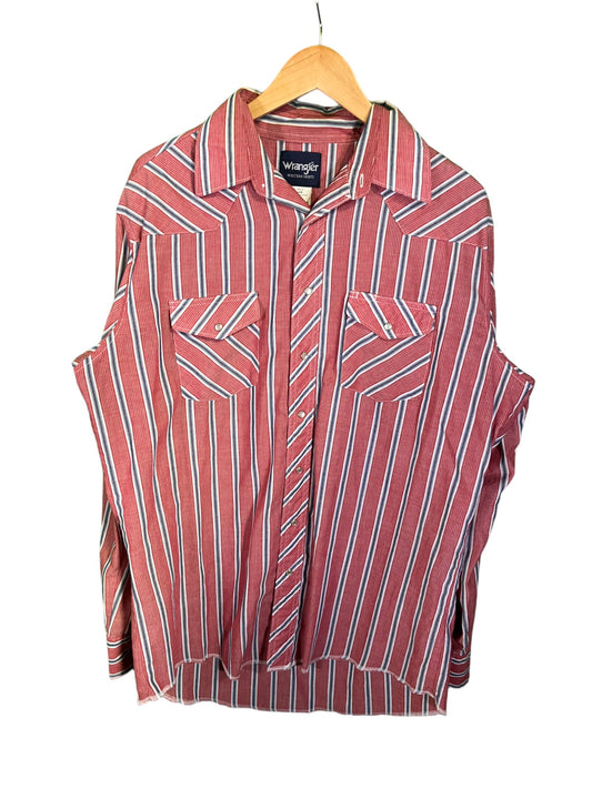 Vintage Wrangler Red Striped Brushpopper Pearl Snap Button Up Size XL