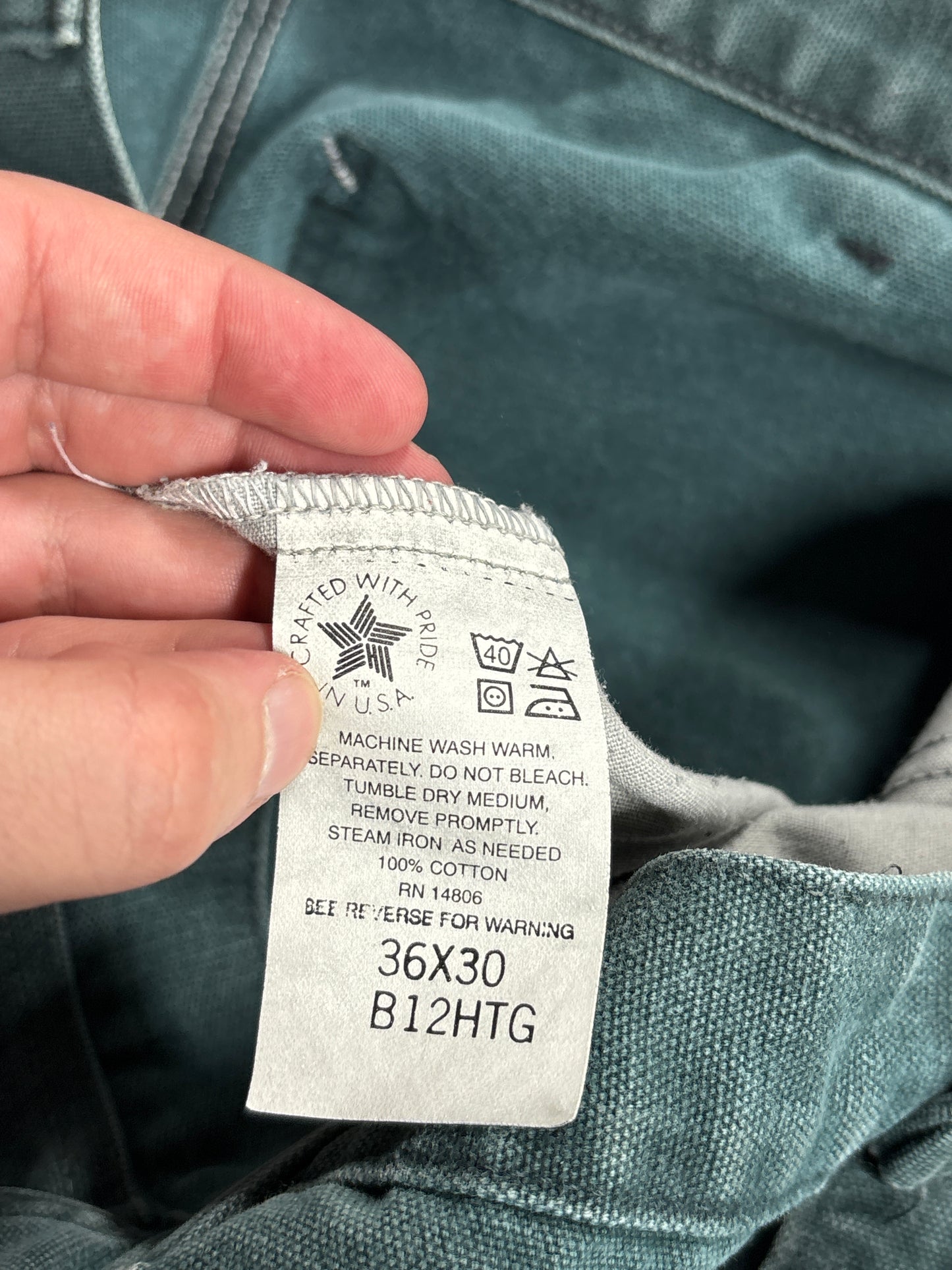 Vintage 90's Carhartt Heart Green Union Made Carpenter Pants Size 36x28