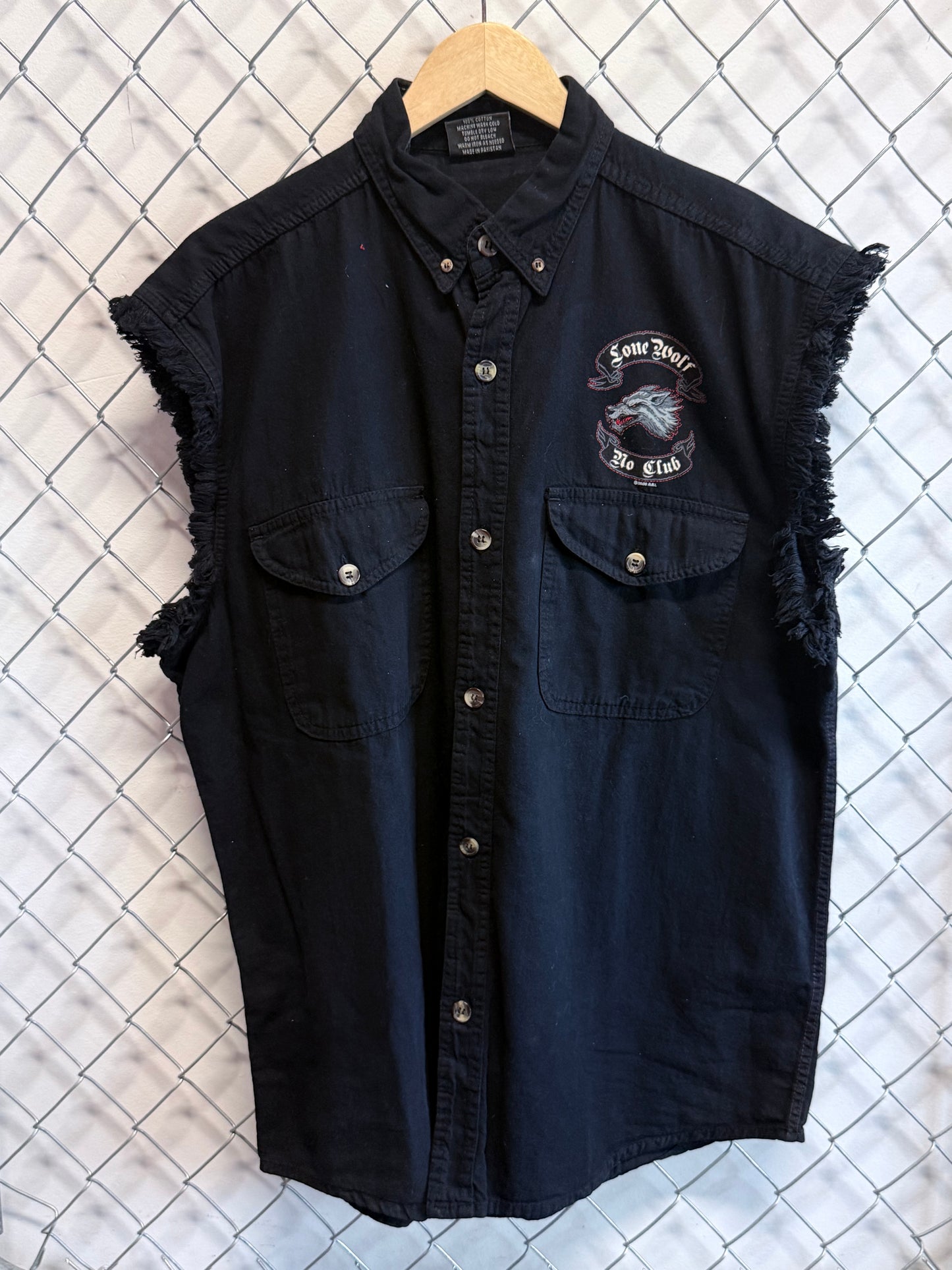 Vintage Y2K Lone Wolf Biker Cutoff Button Up Shirt Size Large