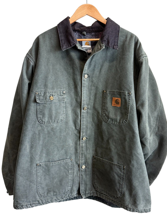 Vintage 90's Carhartt Moss Green Blanket Lined Chore Jacket Size XXL Tall