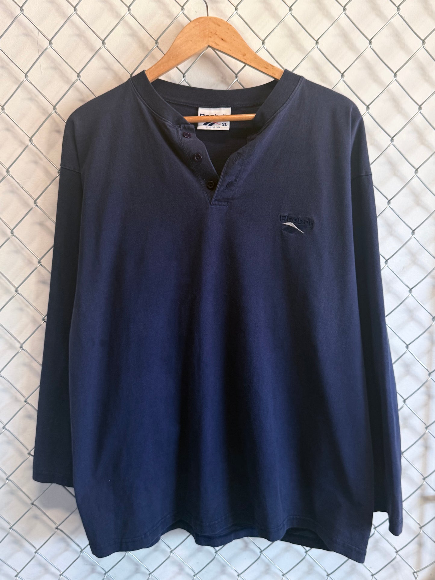 Vintage 90's Reebok Long Sleeve Henley Navy Blue Shirt Size XL