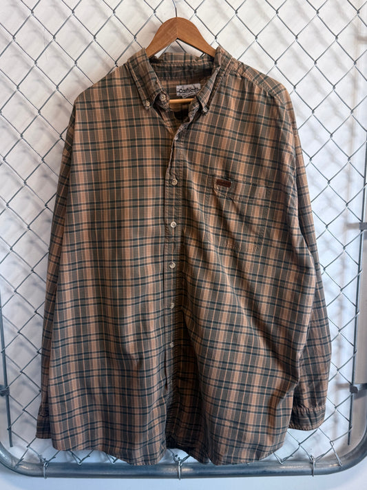 Carhartt Brown Plaid Button Up Work Shirt Size XXL Tall