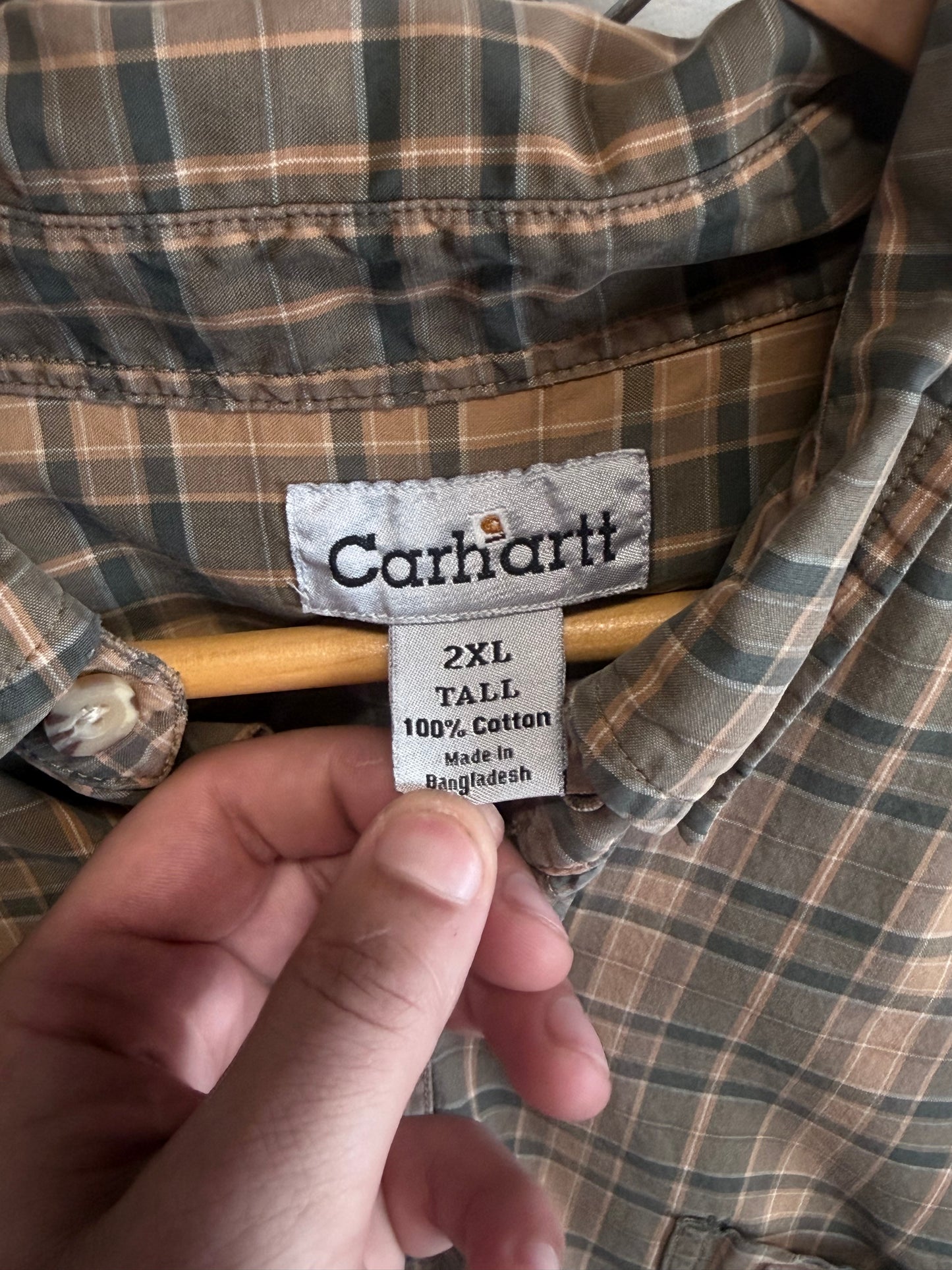 Carhartt Brown Plaid Button Up Work Shirt Size XXL Tall