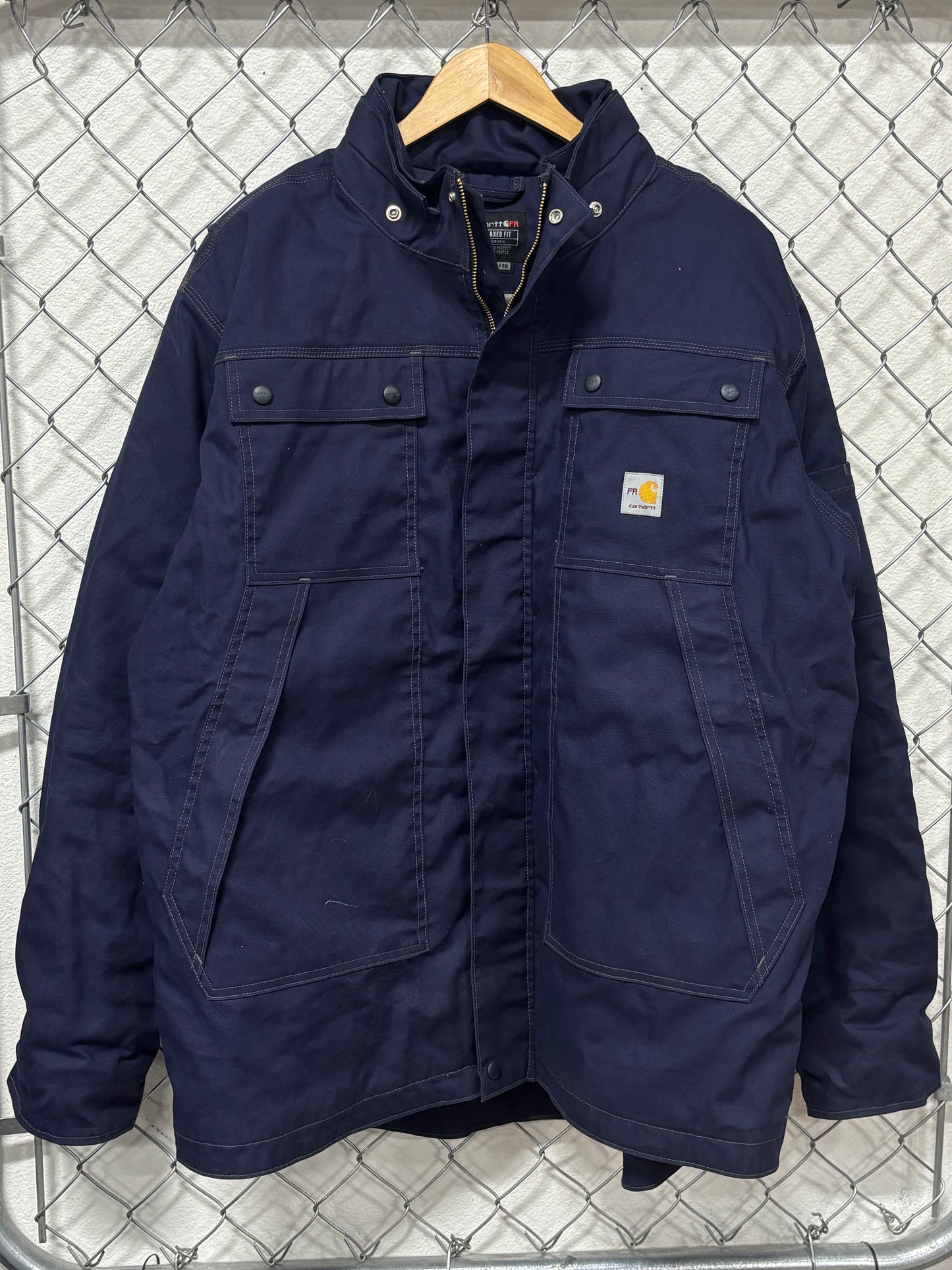 Carhartt Navy Blue FR Button Up Work Jacket Size XL Tall