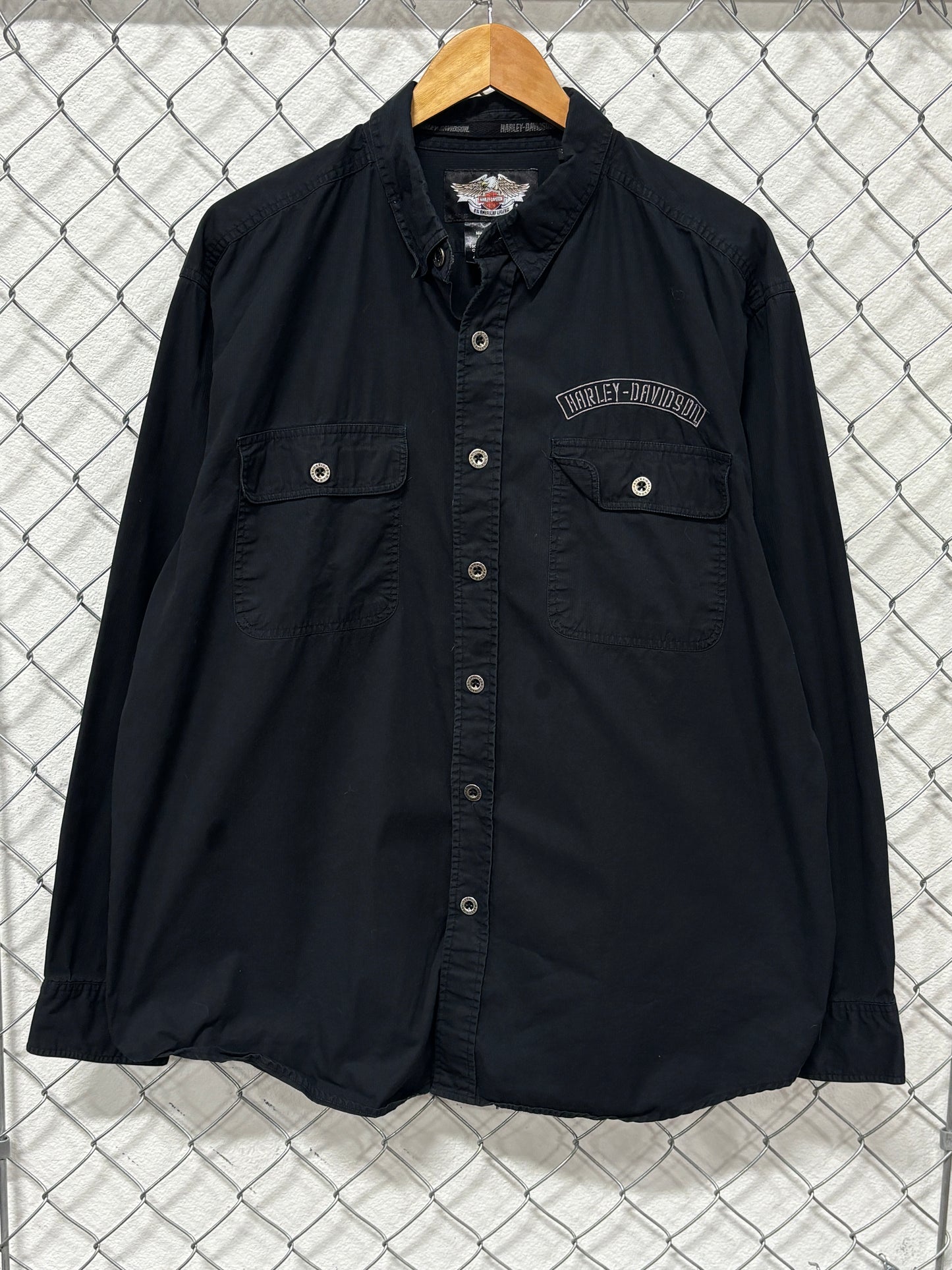Y2K Harley Davidson Engine Long Sleeve Black Button Up Shirt Size XL