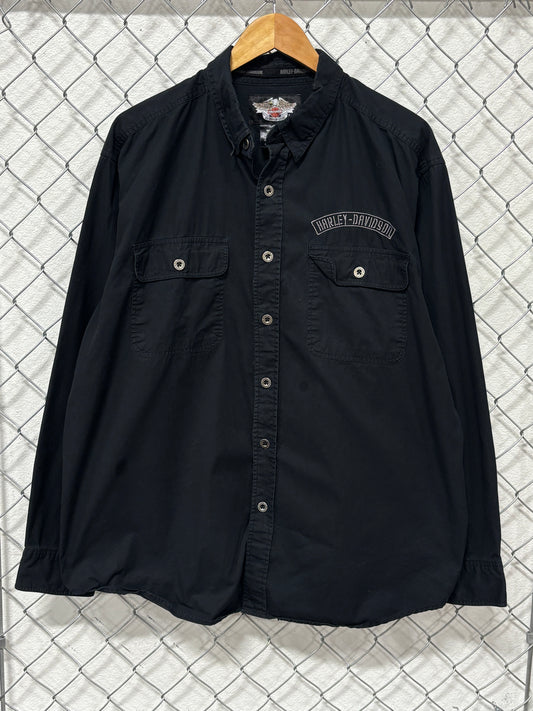 Y2K Harley Davidson Engine Long Sleeve Black Button Up Shirt Size XL