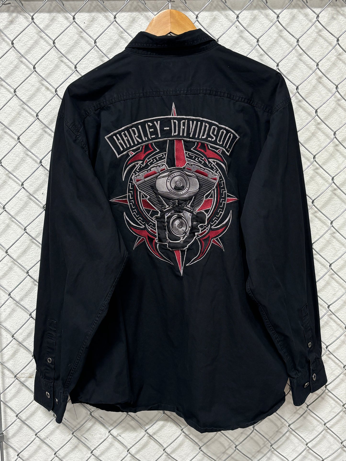 Y2K Harley Davidson Engine Long Sleeve Black Button Up Shirt Size XL