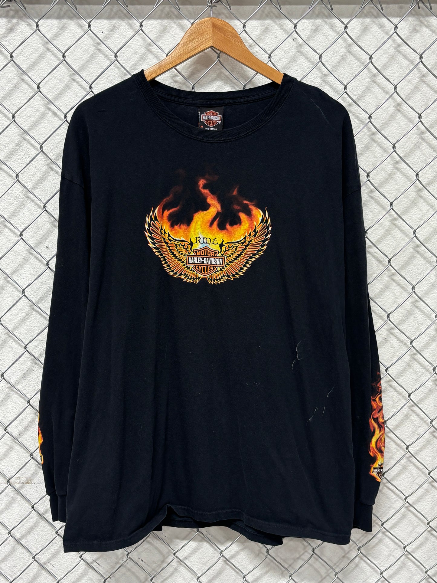 Vintage Harley Davidson Flame Sleeves Biker Long Sleeve Shirt Size XL