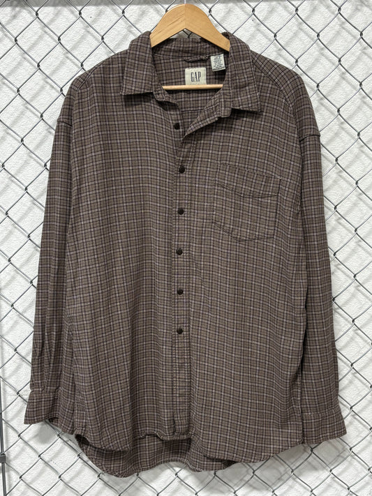 Y2K Gap Brown Plaid Button Up Flannel Shirt Size XL