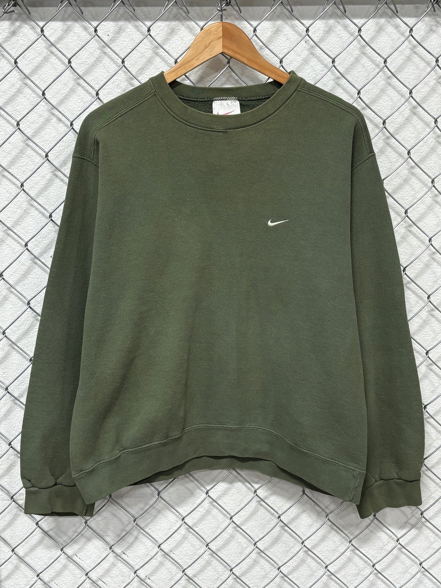 Vintage 90's Nike Faded Olive Green Small Swoosh Sweater Size Medium