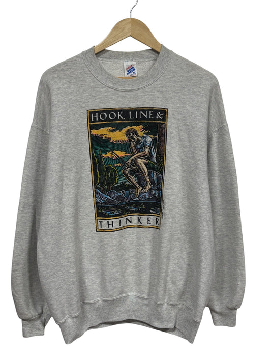 Vintage 90's Hook Line Thinker Art Fishing Graphic Sweater Size XL