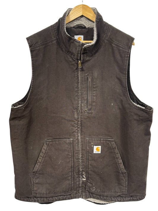 Vintage Carhartt Sherpa Lined Brown Zip Up Work Vest Size XL Tall