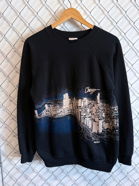 Vintage 90's Chicago Skyline Double Sided Black Sweater Size Large