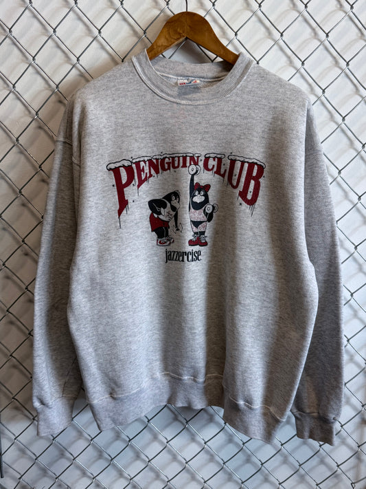 Vintage 90's Penguin Club Jazzercise Cartoon Grey Sweater Size XL
