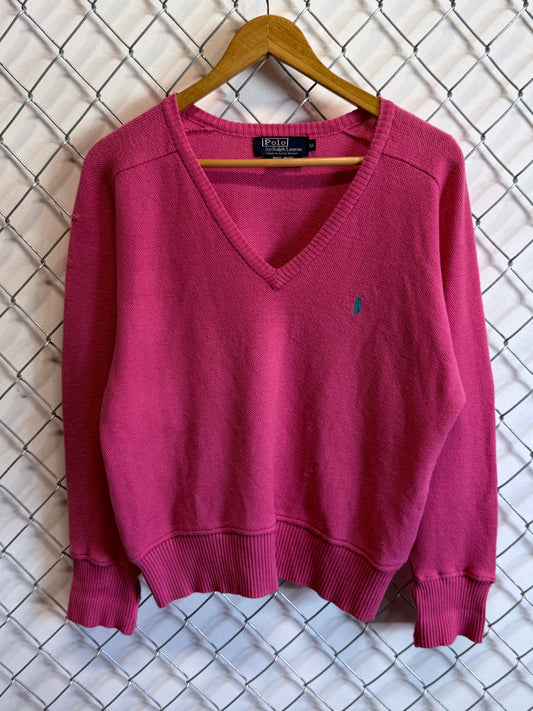 Vintage Polo Ralph Lauren Pink Wool V Neck Sweater Size Medium