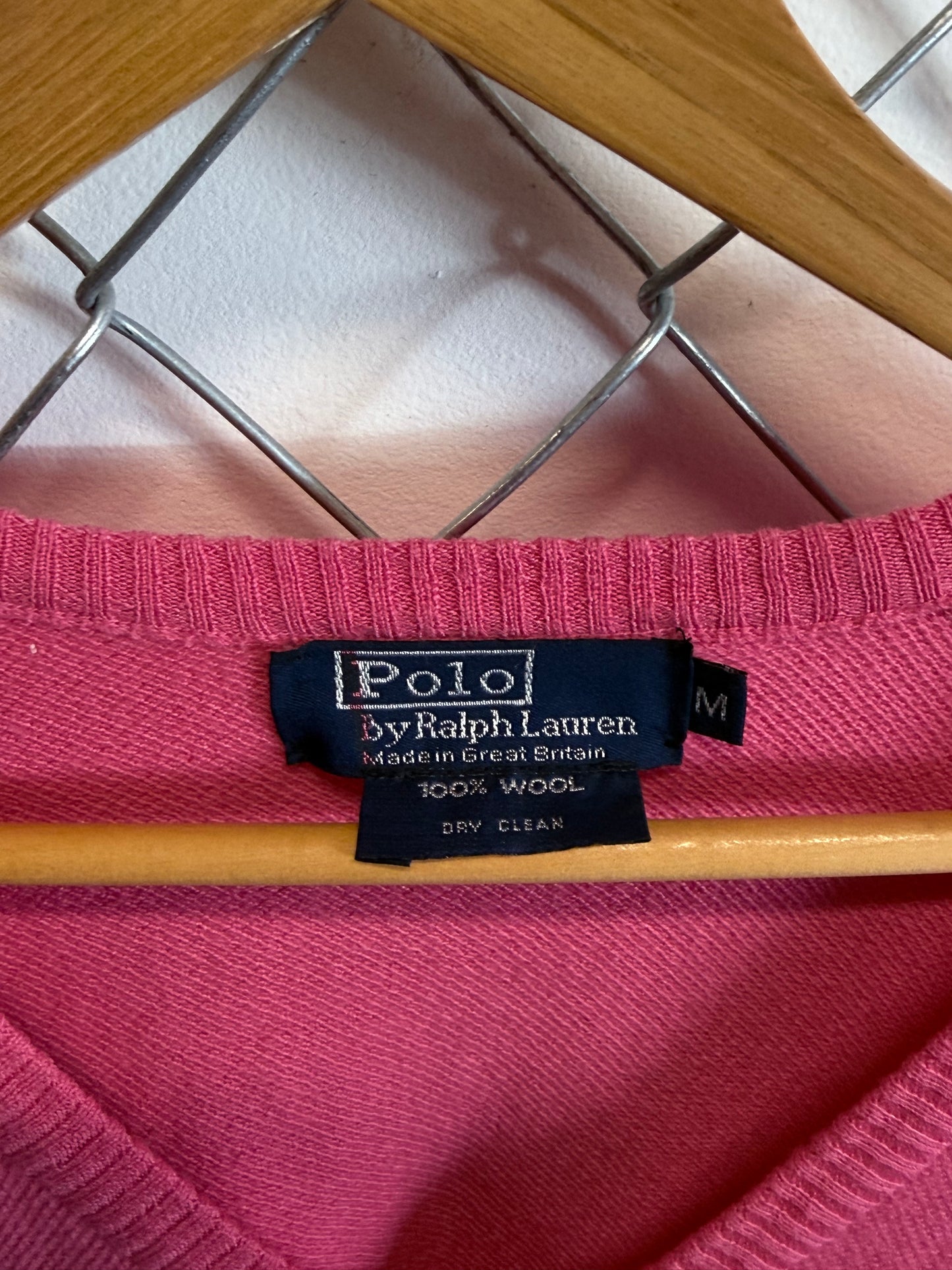 Vintage Polo Ralph Lauren Pink Wool V Neck Sweater Size Medium