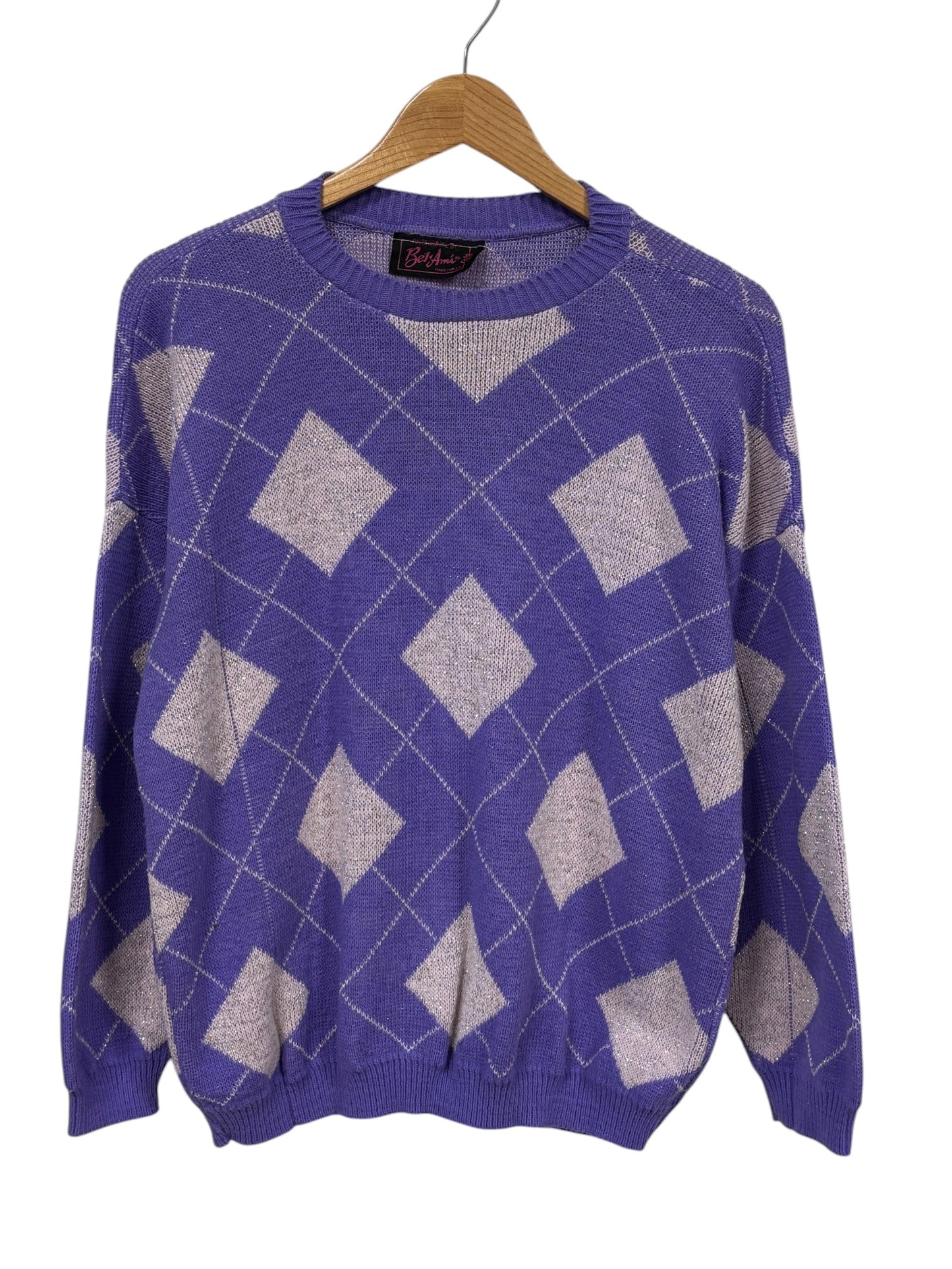 Vintage 80's Women's Bel Ami Purple Argyle Knit Sweater Size Large