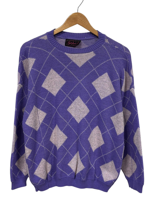 Vintage 80's Women's Bel Ami Purple Argyle Knit Sweater Size Large