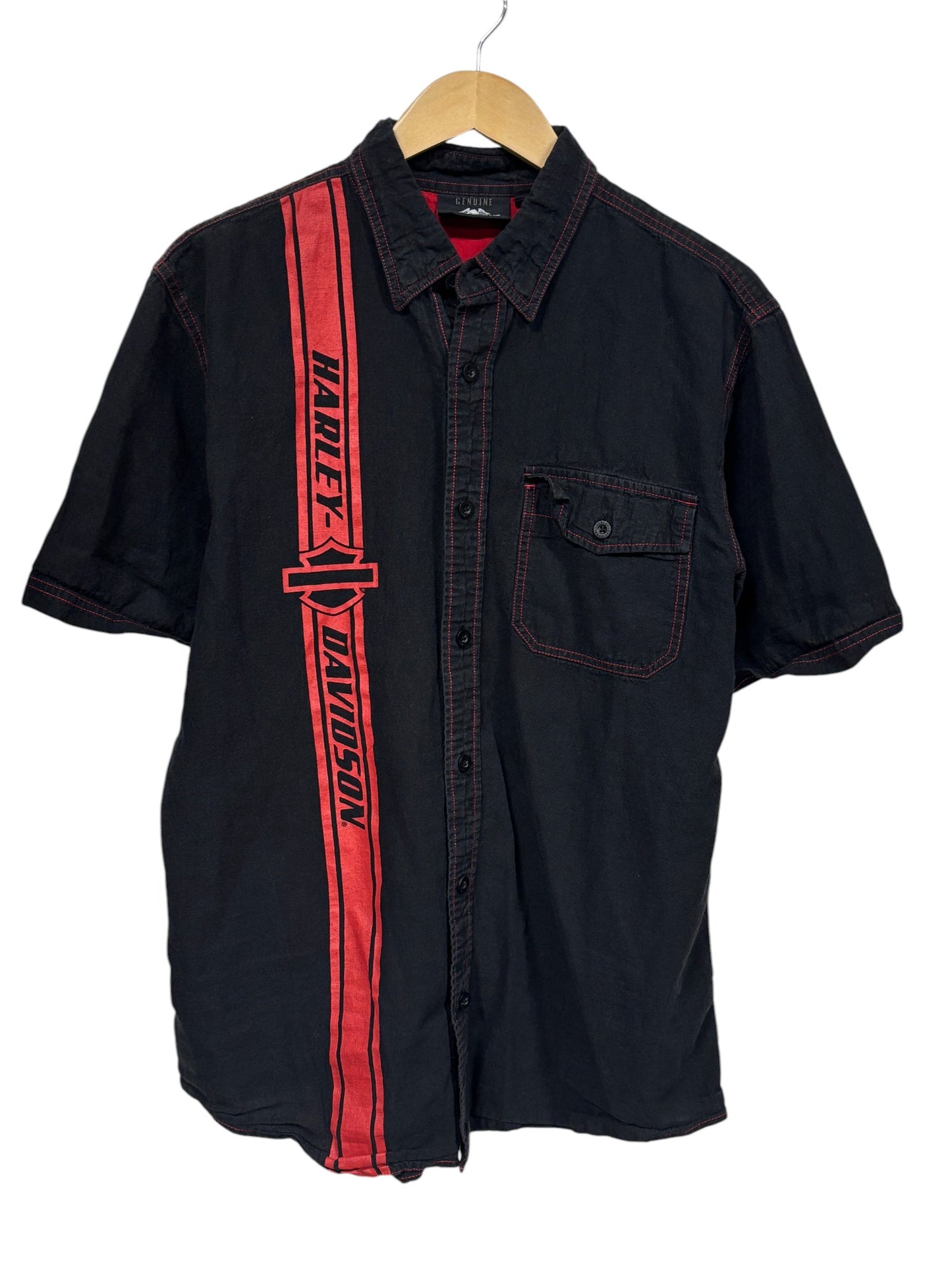 Harley Davidson Short Sleeve Biker Mechanic Style Button Up Shirt Size Large