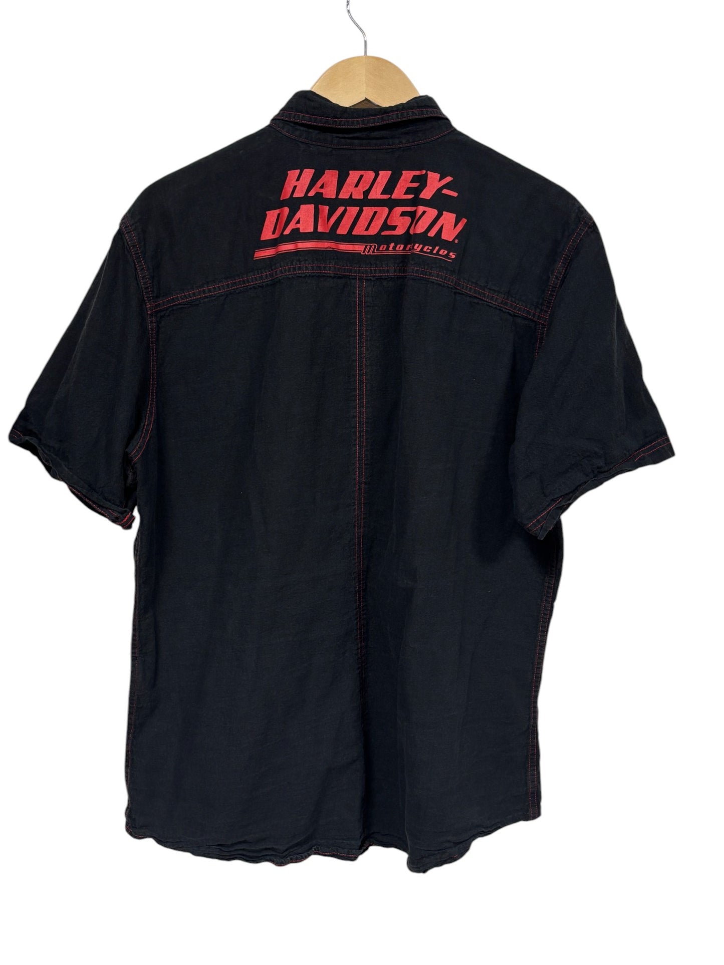 Harley Davidson Short Sleeve Biker Mechanic Style Button Up Shirt Size Large