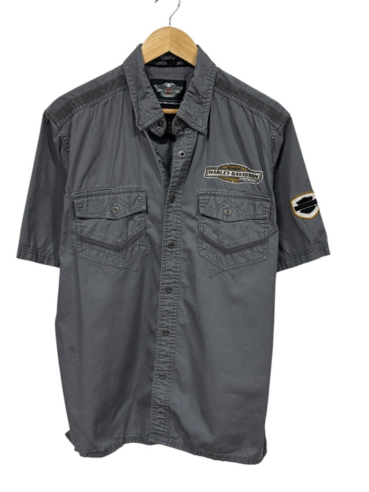 Harley Davidson Grey Short Sleeve Button Up Mechanic Shirt Size Large