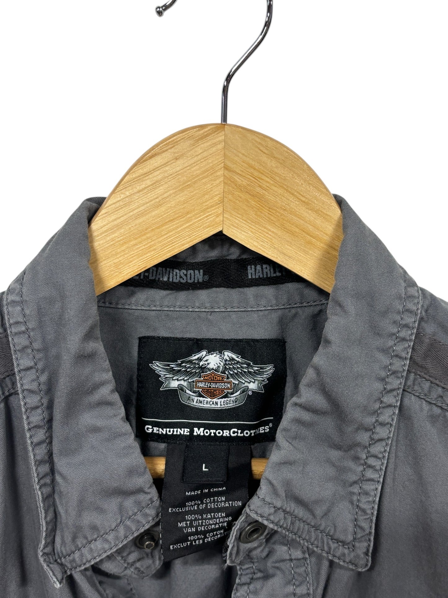 Harley Davidson Grey Short Sleeve Button Up Mechanic Shirt Size Large