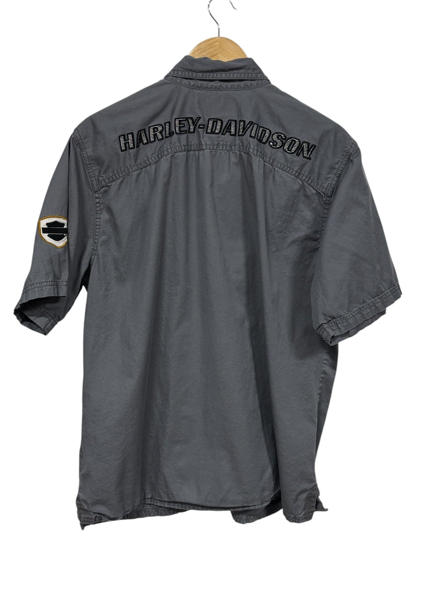 Harley Davidson Grey Short Sleeve Button Up Mechanic Shirt Size Large
