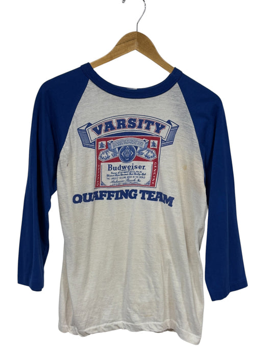 Vintage 80's Budweiser Varsity Quaffing Drinking Team Raglan Tee Size Small