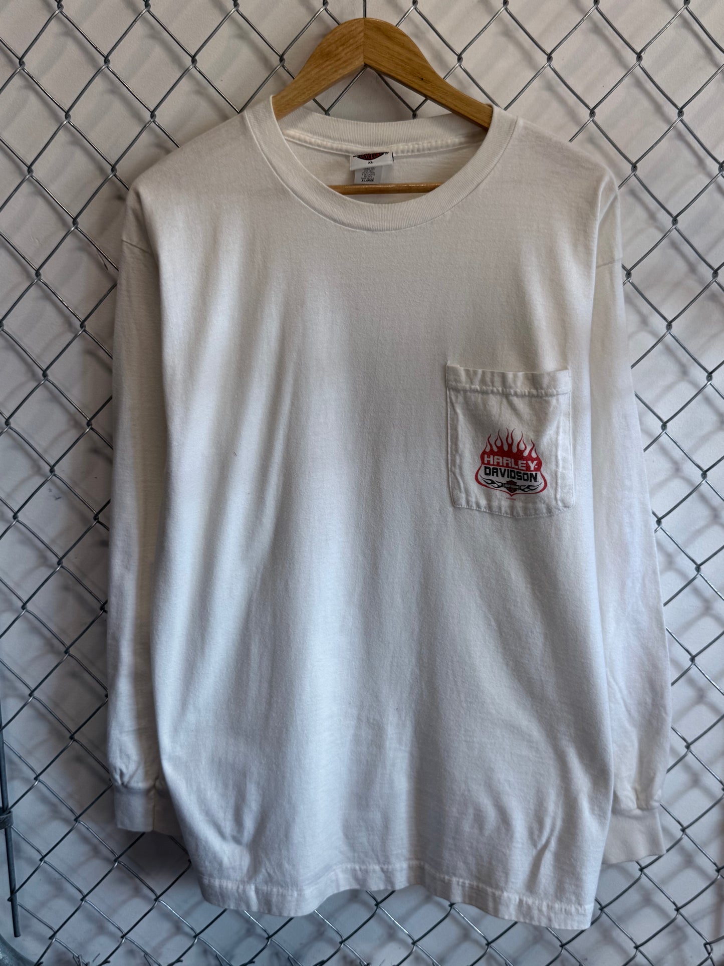 Y2K Harley Davidson Flame Sleeves White Long Sleeve Pocket Shirt Size XL