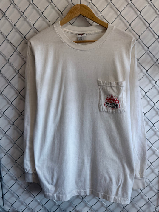 Y2K Harley Davidson Flame Sleeves White Long Sleeve Pocket Shirt Size XL
