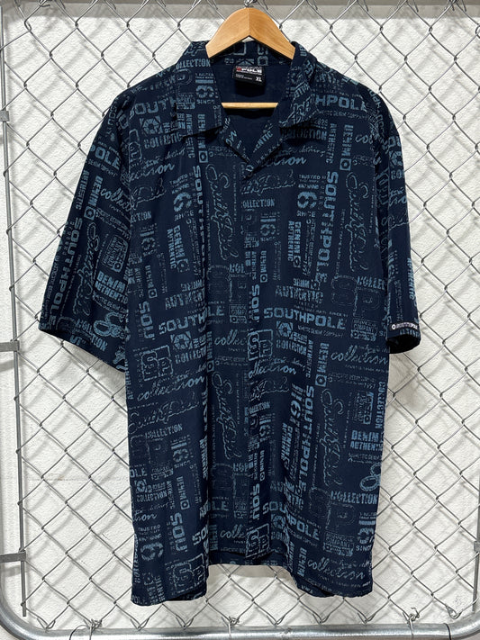 Y2K South Pole Blue All Over Print Short Sleeve Button Up Shirt Size XL