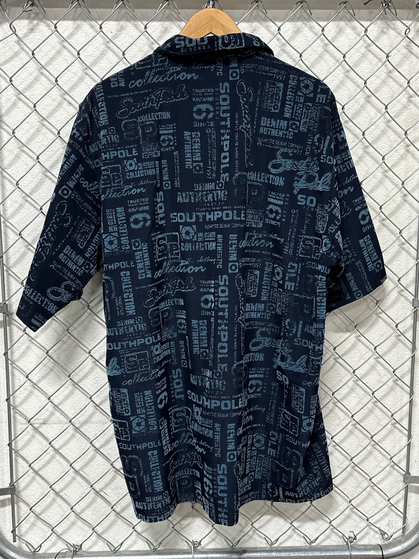 Y2K South Pole Blue All Over Print Short Sleeve Button Up Shirt Size XL