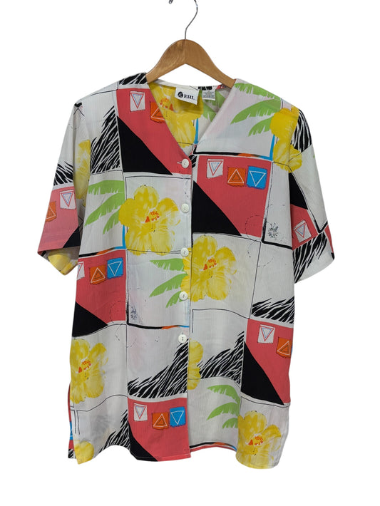 Vintage 90's Women's Abstract Tropical Flowers Button Up Shirt Size Large