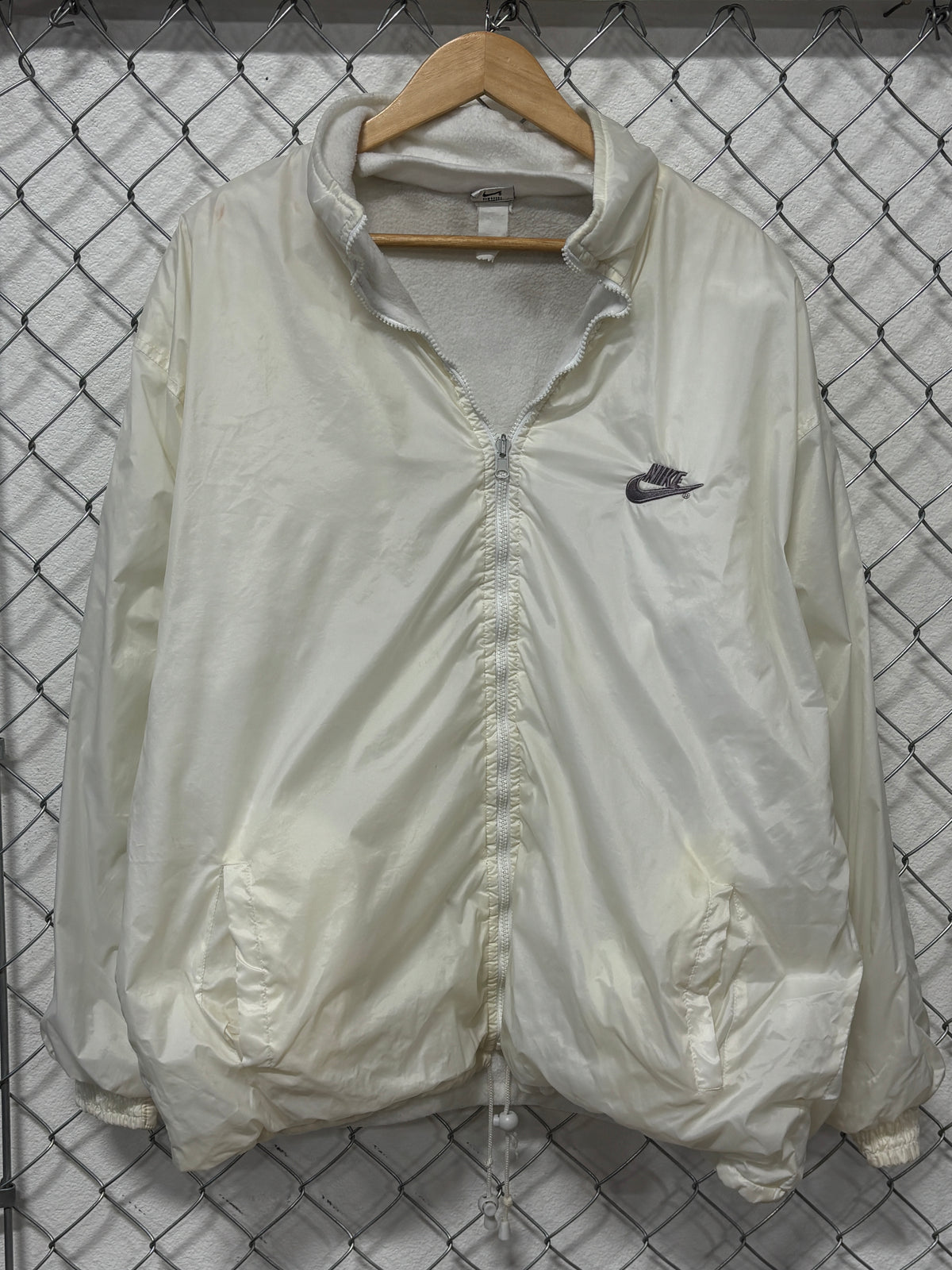Vintage 90's Nike White Swoosh Nylon Fleece Lined Zip Up Jacket Size XL
