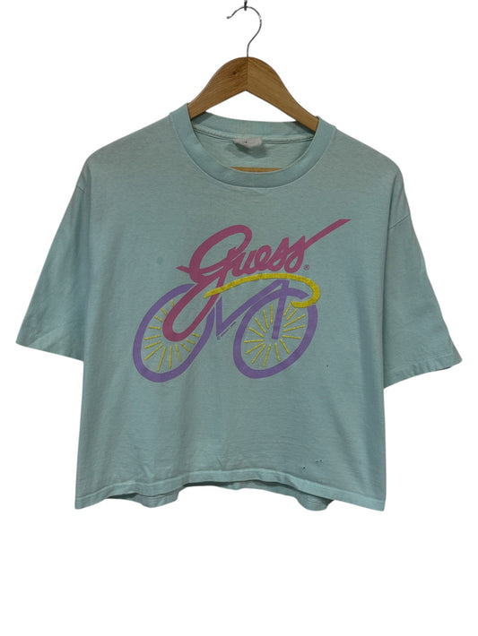 Vintage 90's Guess Women's Pastel Bicycle Graphic Cropped Tee Size Medium