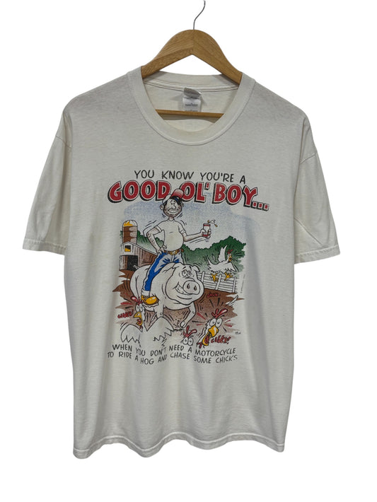 Vintage Good Ol Boy Farming Ride a Hog Chase Chicks Cartoon Tee Size Large