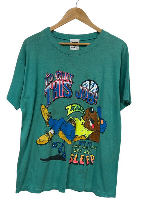 Vintage 80's I'd Quit This Job Only Place I Can Sleep Cartoon Tee Size Large