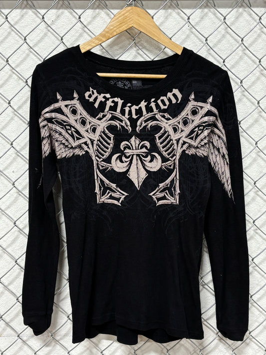Vintage Y2K Affliction Black Thermal Long Sleeve Shirt Size Large