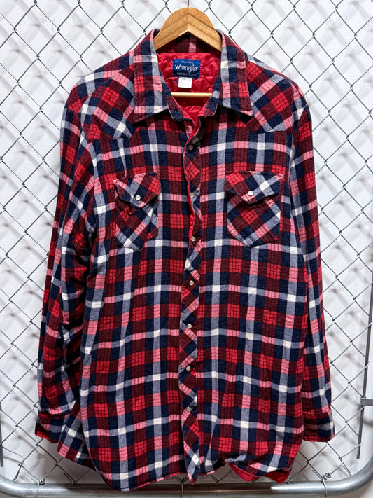 Wrangler Red Plaid Flannel Western Button Up Shirt Size Large Tall