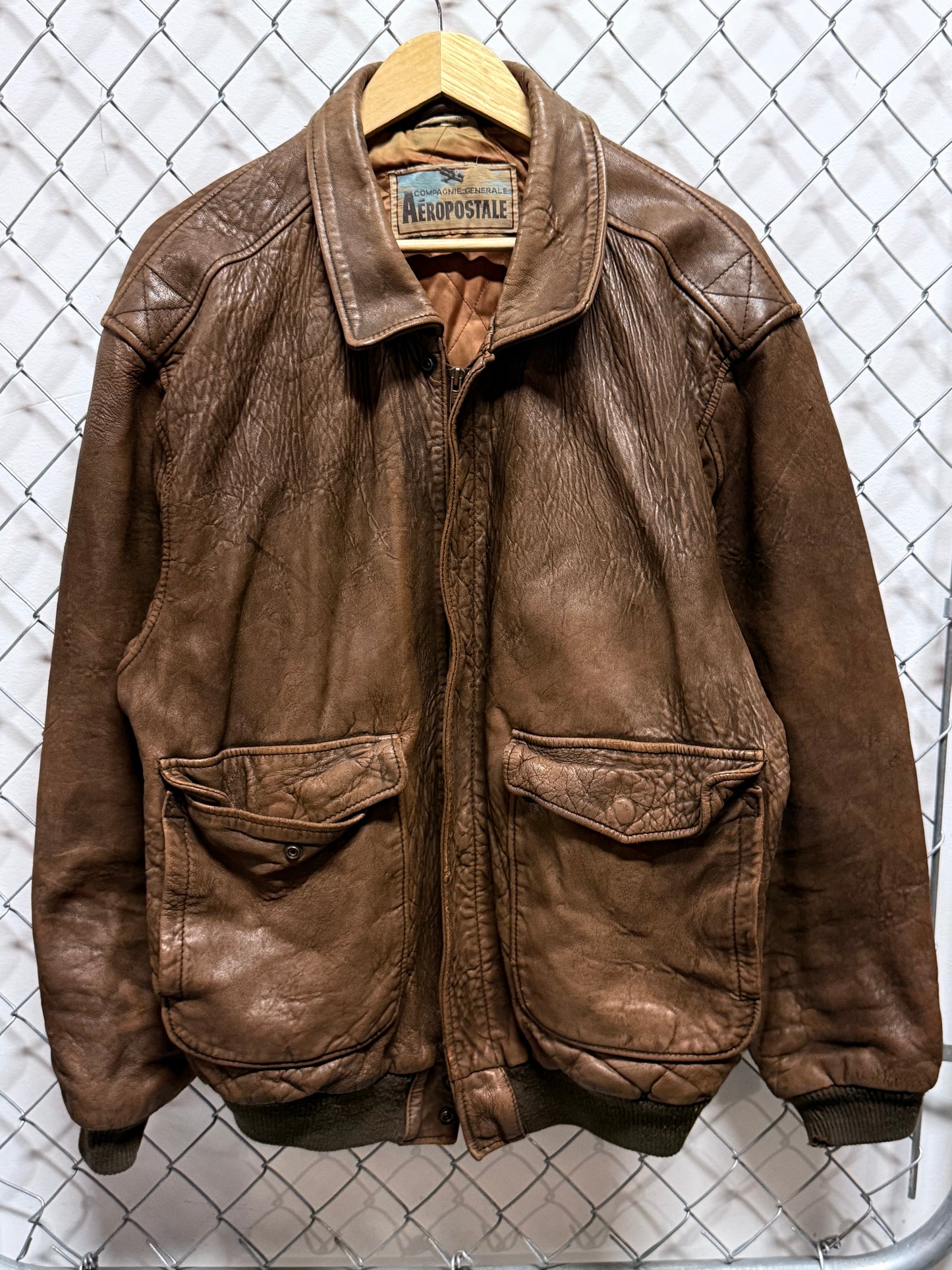Vintage Aeropostale Brown Leather Bomber Flight Jacket Size 46 L/XL