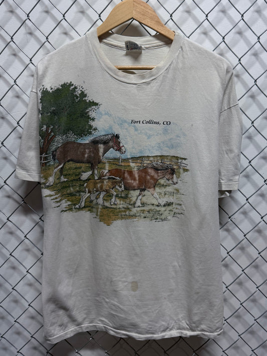 Vintage 1991 Budweiser Clydesdale Horses Fort Collins Graphic Tee Size XL