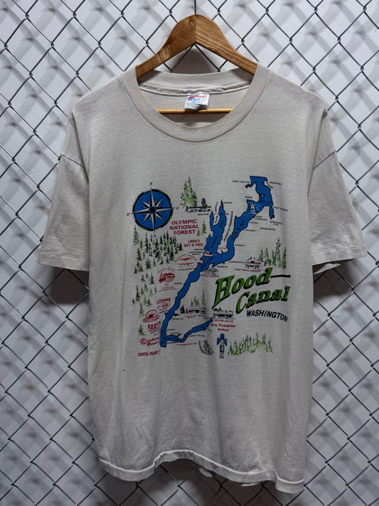 Vintage 90's Washington Hood Canal Nature Map Graphic Tee Size Large