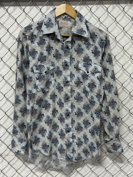 Vintage Wrangler Floral Pattern Purple Pearl Snap Button Up Shirt Size Medium