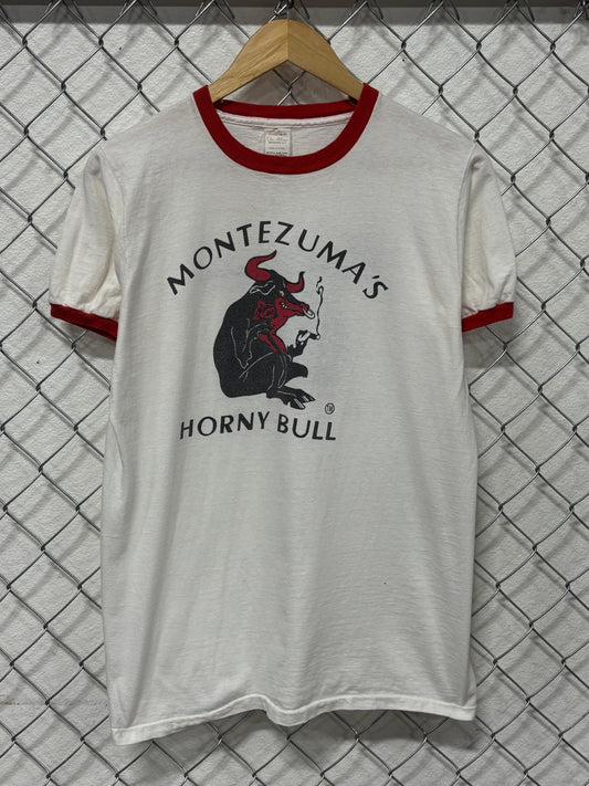 Vintage 80's Montezuma's Horny Bull Tequila Graphic Ringer Tee Size Medium